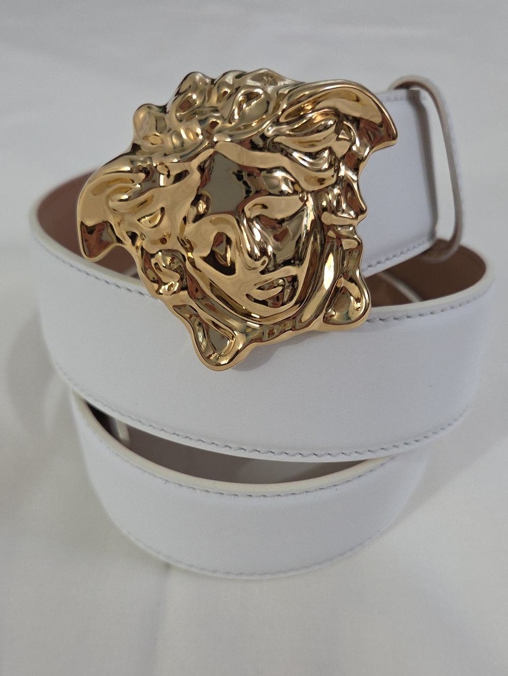 Versace White Leather Belt with Gold 3D Medusa Buckle